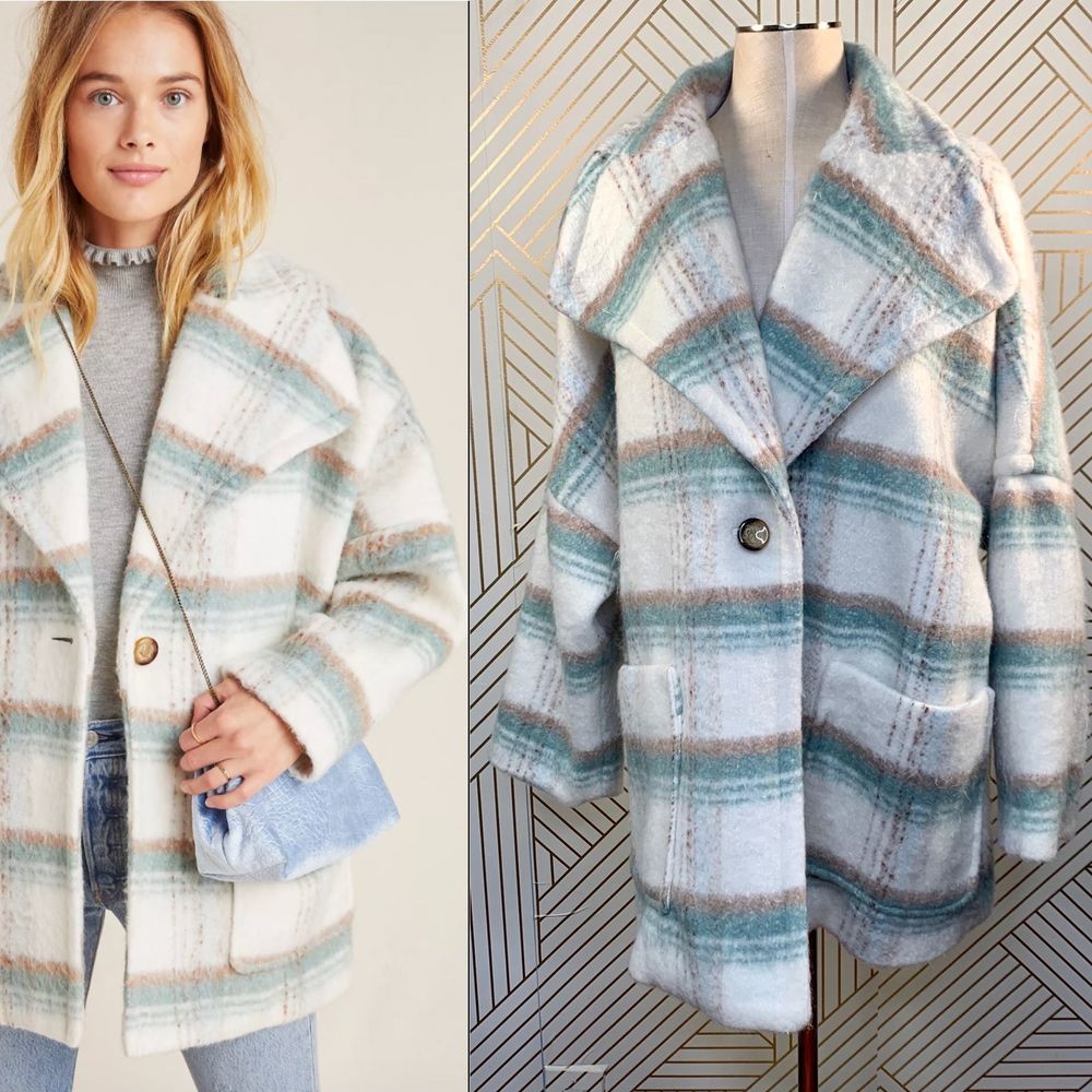 Anthropologie Elsa Plaid Check Coat in White